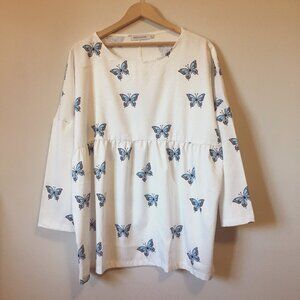 MISSLOOK Cotton & Linen Blend Butterfly Print Babydoll Blouse